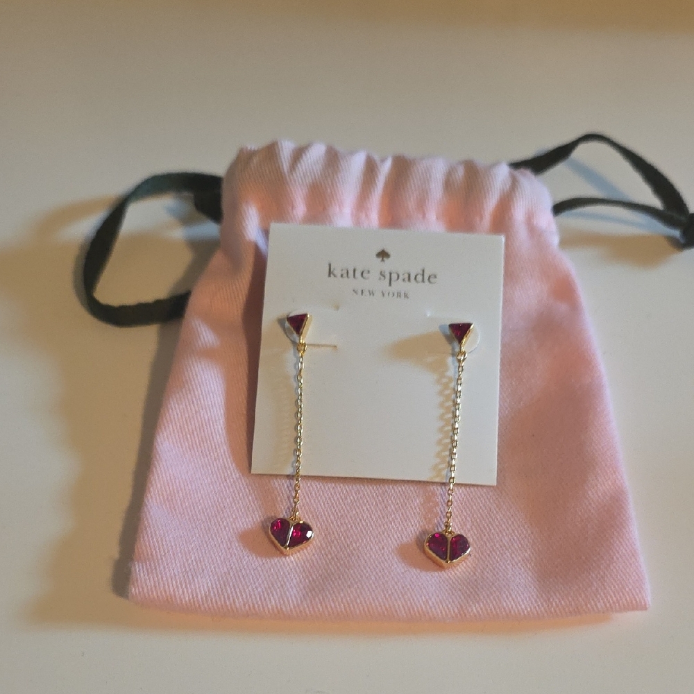 Kate Spade Gold And Red Dangly Earrings with Red Hearts